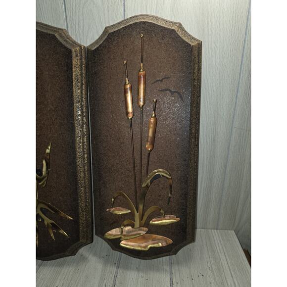 Vintage 70s Brass Wood Cattail Wall Plaques Set Of 2 Mid Century Modern - Picture 10 of 11